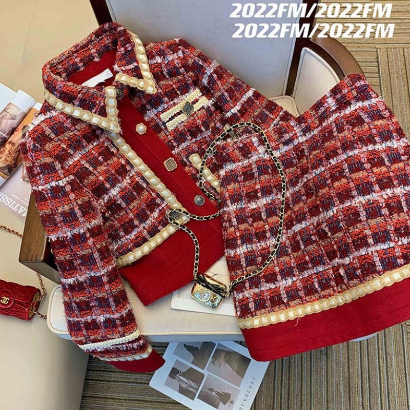 Winter Clothing Matching - Women Elegant Tweed Red Suit Jackert