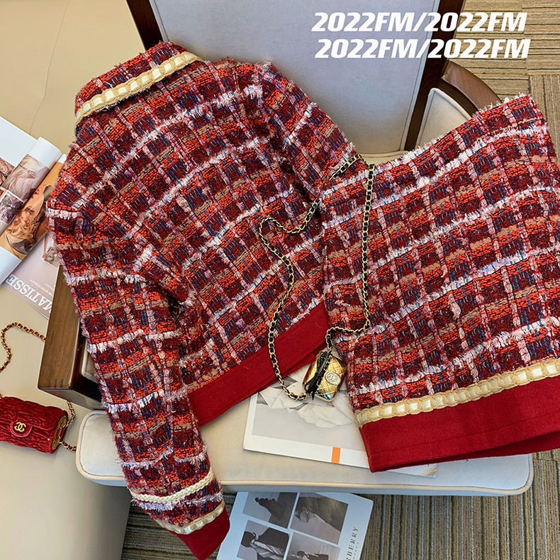 Women Elegant Tweed Red Suit J - Winter Clothing Matching 评论和价格