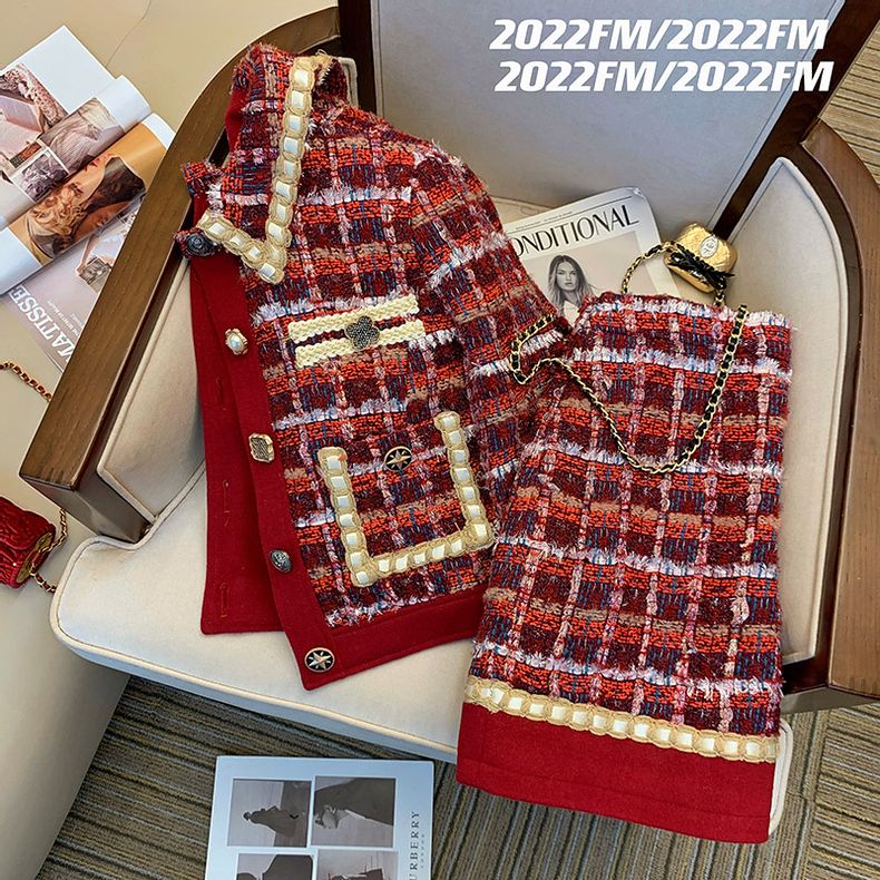 Women Elegant Tweed Red Suit J - Winter Clothing Matching 评论和价格
